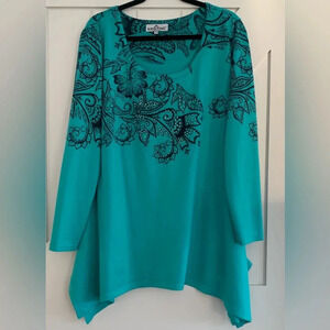 XL Womens KRISTINE ACCESSORIES Long Sleeve Teal Tunic Top with shark bite hem